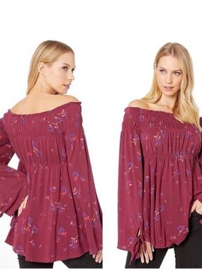 NWT Free People Burgundy Floral Off-Shoulder Tunic